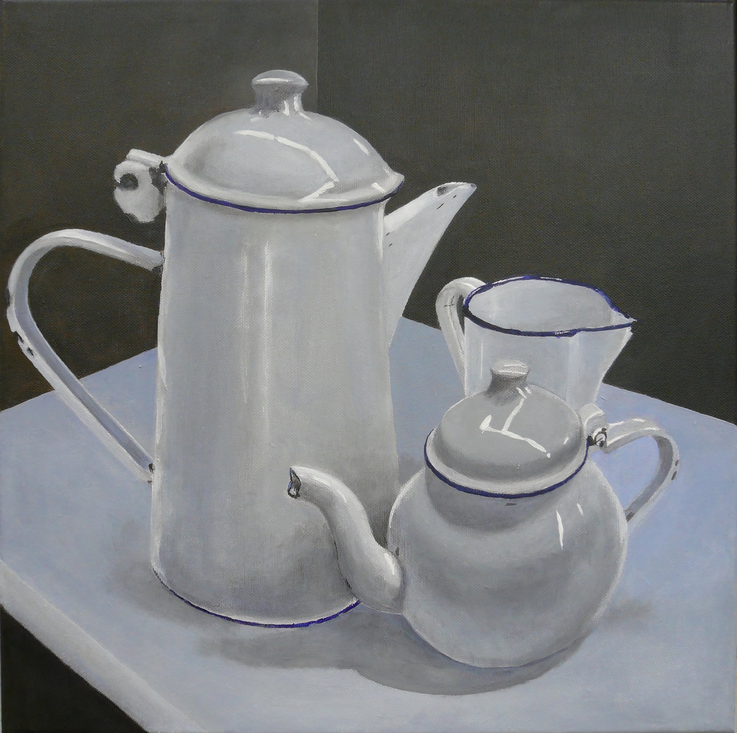 Schilderij Witte Emaille Kannen